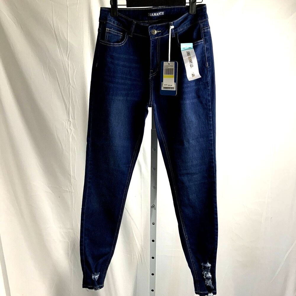 New With Tag Diamante Super Stressed Skinny Jeans Medium Blue Long Size 9